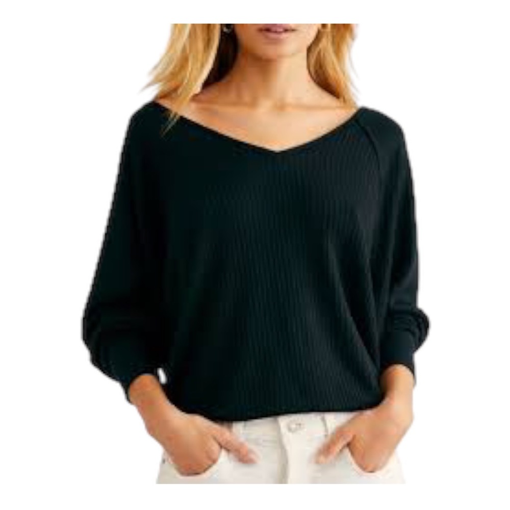 NWT Free People Women's Santa Clara Thermal Long Sleeve Pullover NEW M Black